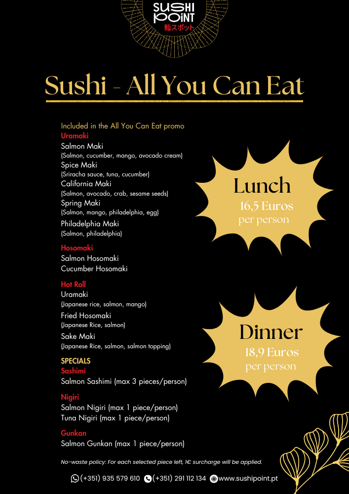 All you can eat menu with price - 16,5€ for lunch and 18,9€ for dinner